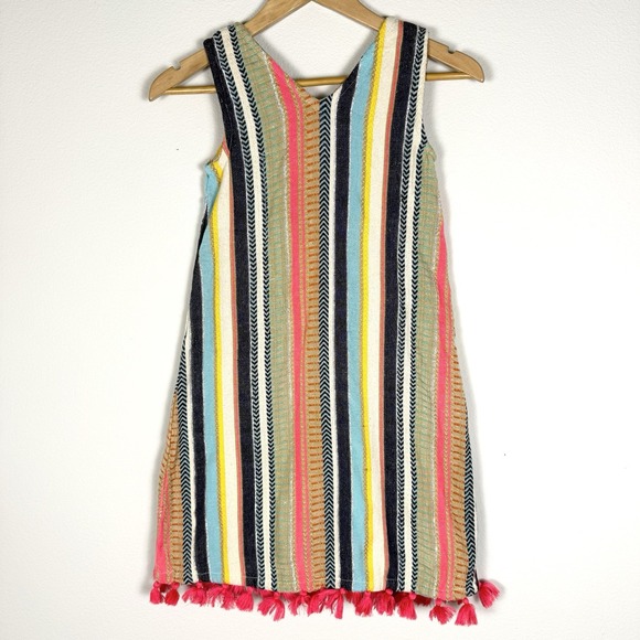 Pink Chicken Woven Stripe Tassel Dress Girls 12 Colorful Party Cotton Shift Boho - Picture 1 of 10